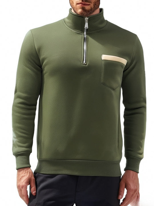 Herren nan feinstrukturiertes Halbzip-Feinstrickpullover mit Stehkragen, Brusttasche und schmaler Silhouette EB