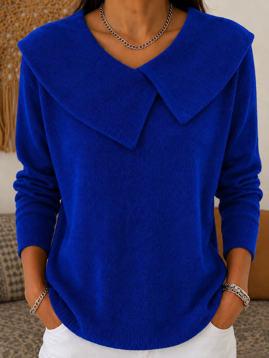 Damen Grobgestrickter Strickpullover mit übergroßem Matrosenkragen EB