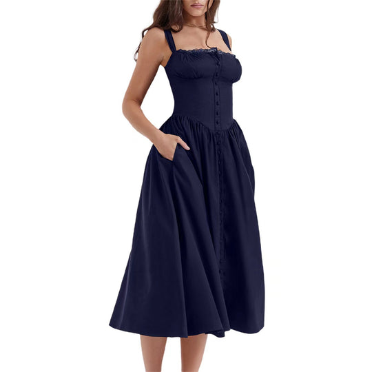 Damen Maxi-Kleid mit knöpfbarem Oberteil und schwingendem Rock EB