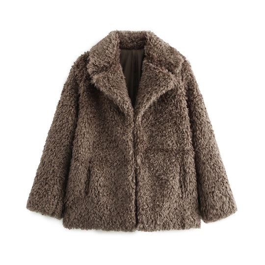 Damen kuschelige Fleecejacke mit elegantem Revers EB