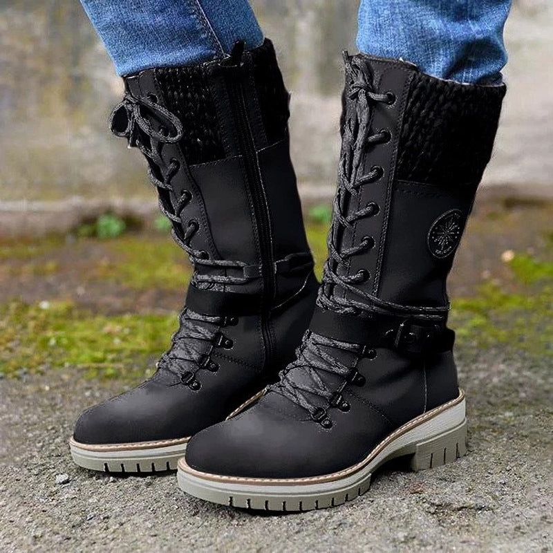 Damen nan gefütterte Schnürstiefel mit gestricktem Schaftbund, dekorativem Schnallenriemen und profilierter Gummisohle EB