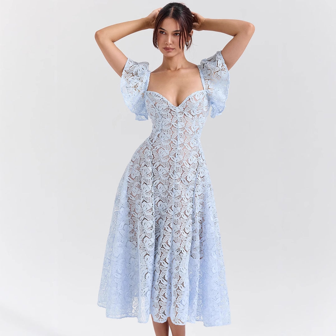 Damen Spitzenkleid mit voluminösen Rüschärmeln und ausgestelltem Rock EB