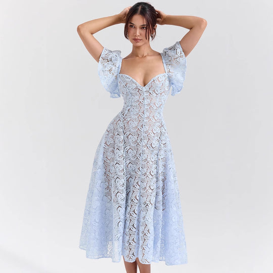 Damen Spitzenkleid mit voluminösen Rüschärmeln und ausgestelltem Rock EB