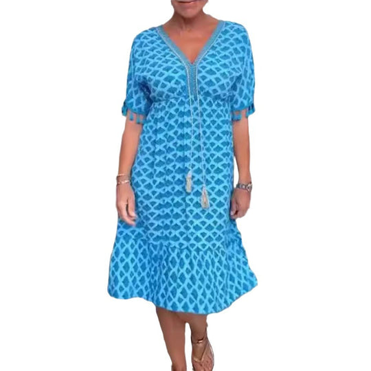 Damen Sommerliches Kleid mit fransierten Ärmeln und elegantem V-Ausschnitt Heidi-Mode