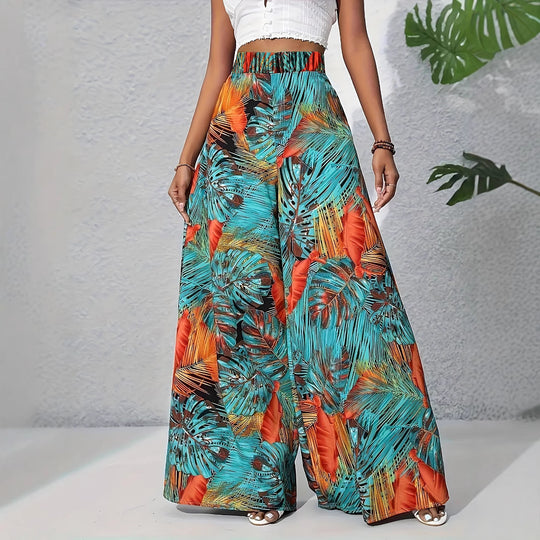 Damen Palazzohose mit tropischem Blattmuster und elastischem Bund EB