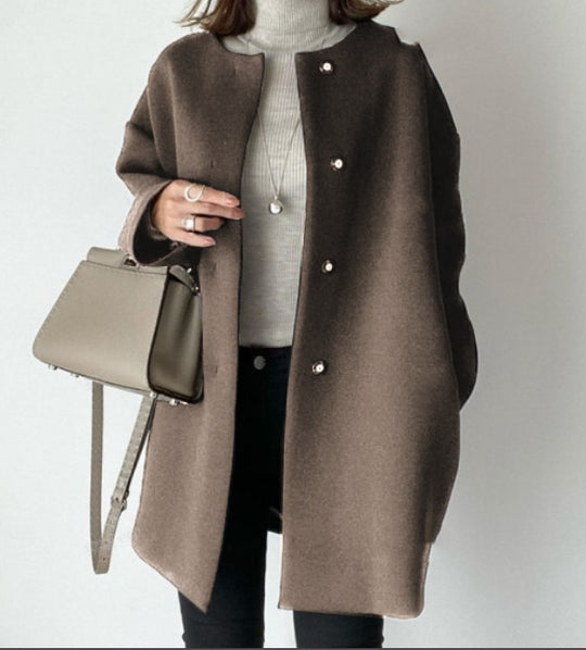 Damen Eleganter Oversized Wollmantel mit Doppelknopf-Verschluss und seitlichen Taschen EB