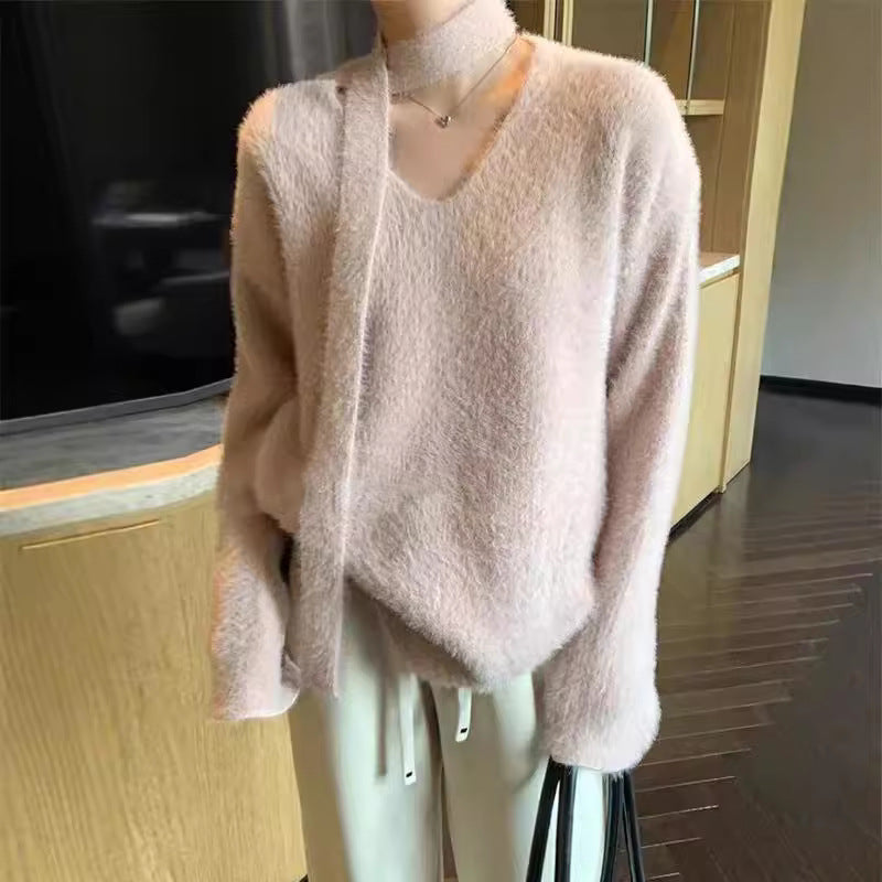 Damen Grobstrickpullover mit tiefem V-Ausschnitt und schicker Banddetails EB