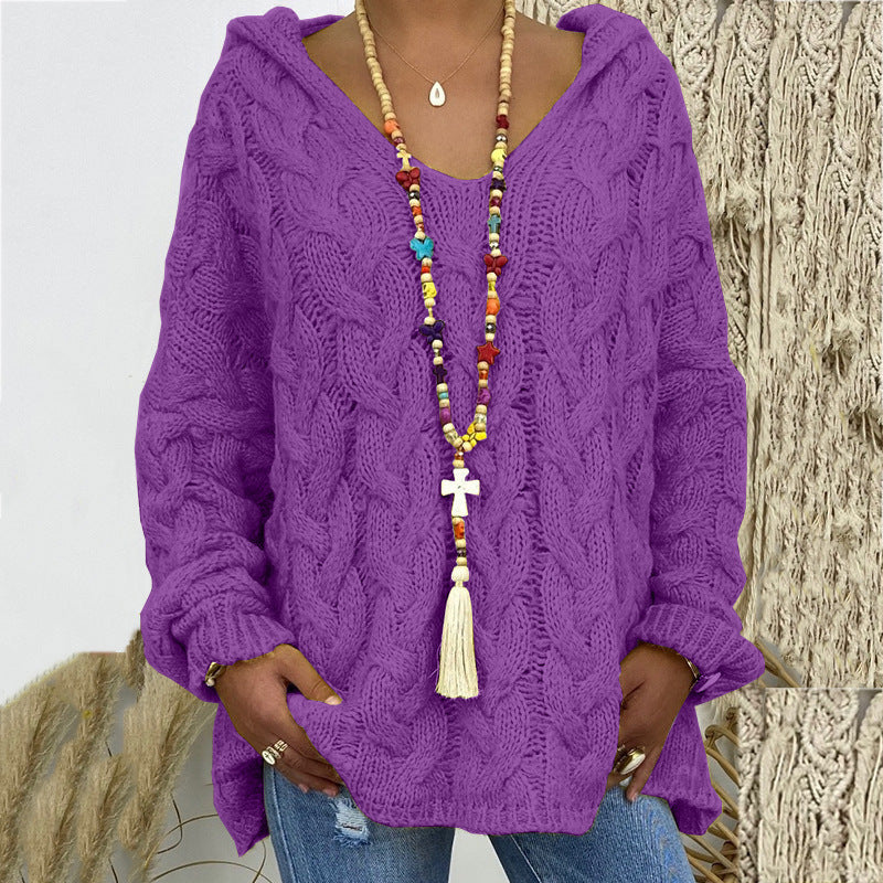Damen nan oversized Kapuzenpullover mit Zopfmuster, tiefem V-Ausschnitt und seitlichen Schlitzen EB