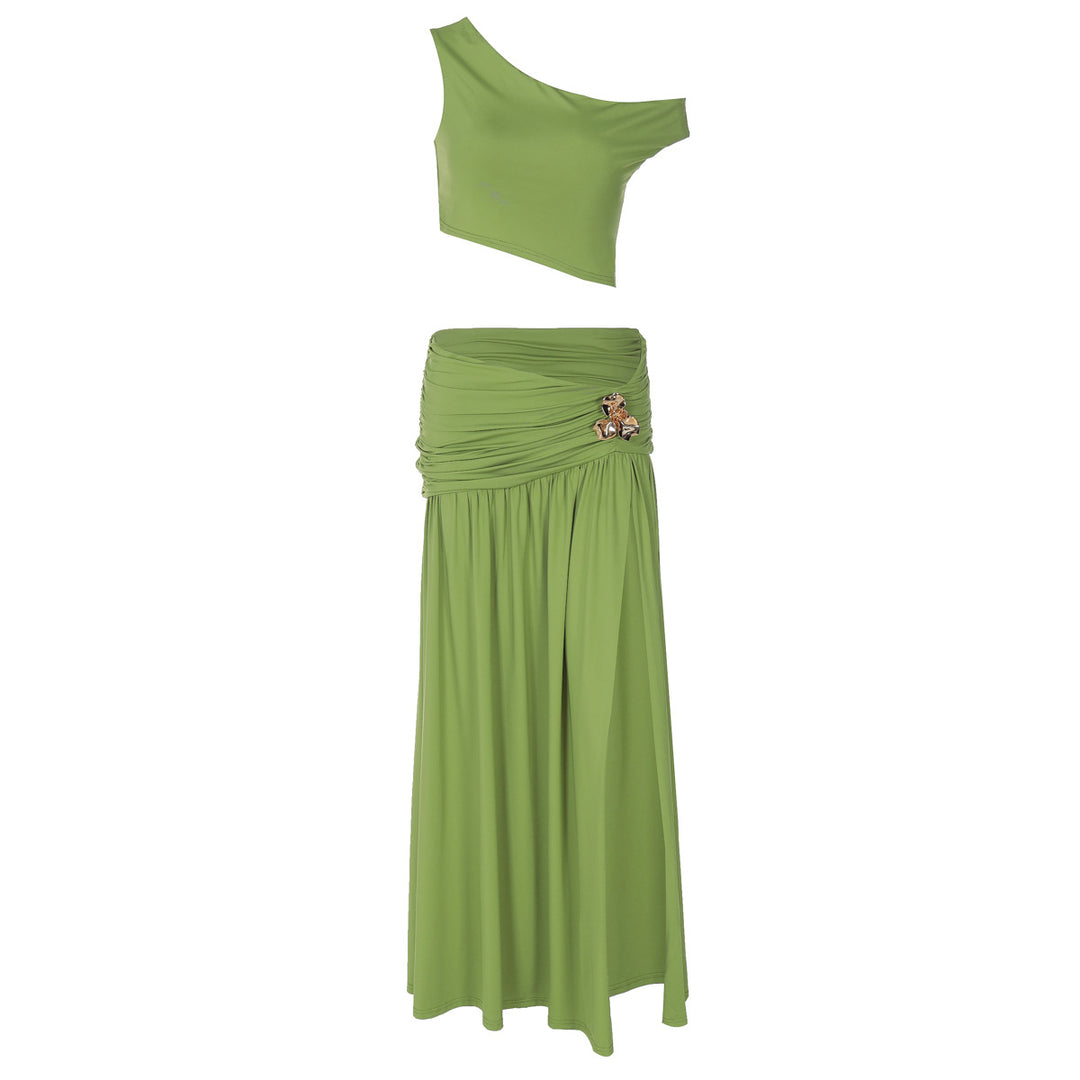 Damen Elegantes Off-Shoulder Maxikleid mit seitlichem Schlitz und raffiniertem Bund EB
