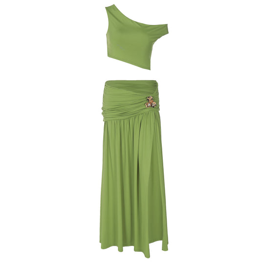 Damen Elegantes Off-Shoulder Maxikleid mit seitlichem Schlitz und raffiniertem Bund EB