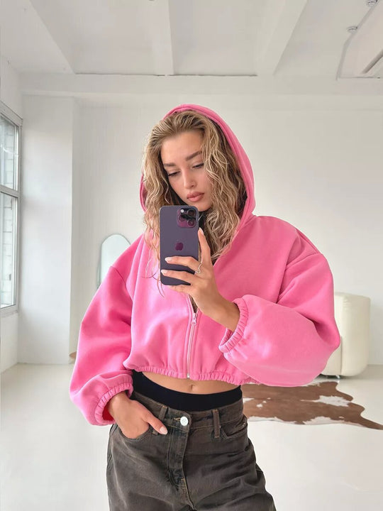 Damen nan oversized Kapuzenjacke kurz geschnitten mit elastischem Saum und Ballonärmeln EB