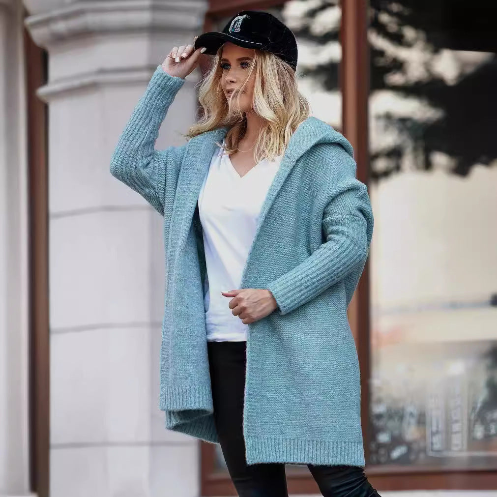 Damen lässiger Strickcardigan mit Kapuze und weiten Ärmeln EB