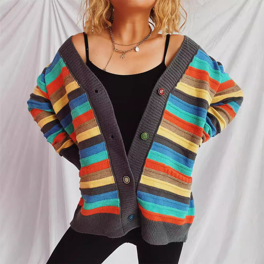 Damen Strickjacke mit buntem Streifenmuster und knöpfbarem Design EB