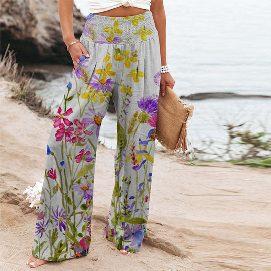 Damen weite Floral-Hose mit elastischem Bund und seitlichen Taschen EB