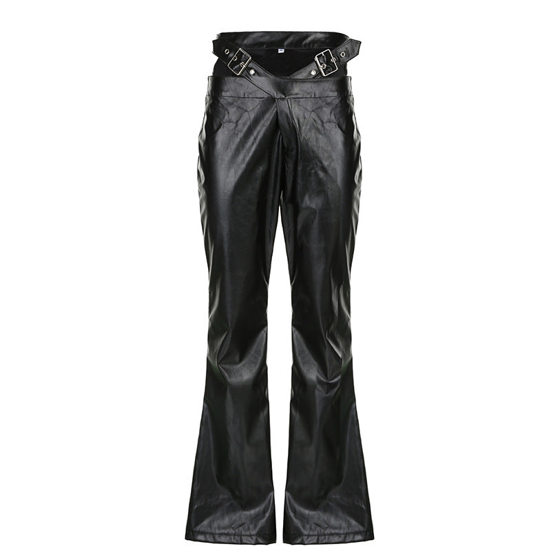 Damen Modische Kunstleder Flared Hose mit verstellbarem Bund EB