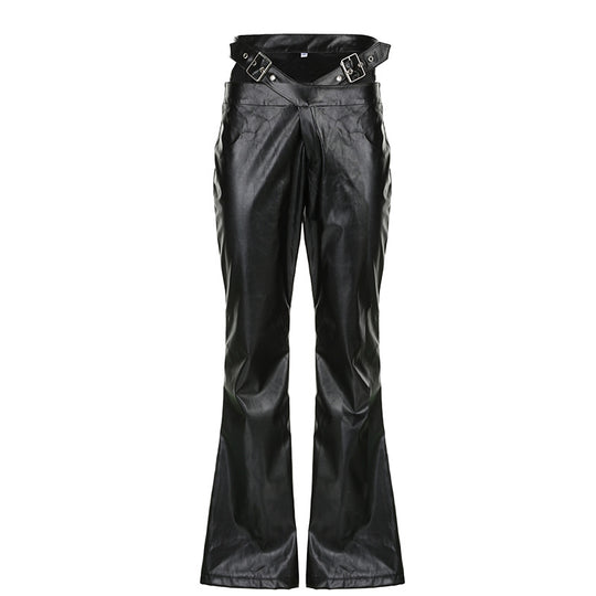 Damen Modische Kunstleder Flared Hose mit verstellbarem Bund EB