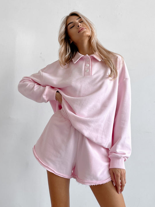 Damen Relaxed-Frottee-Loungewear-Set mit Oversize-Sweatshirt und ausgefransten Shorts EB