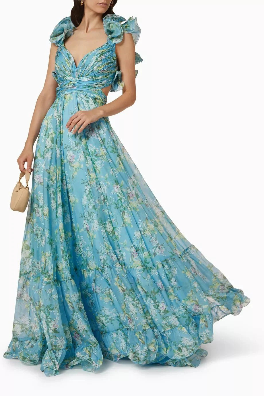 Damen Maxi-Kleid mit floralen Rüschen und schwingendem Design EB