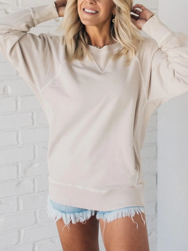 Damen lässiger V-Ausschnitt Sweatshirt mit Raglanärmeln und seitlichen Taschen EB