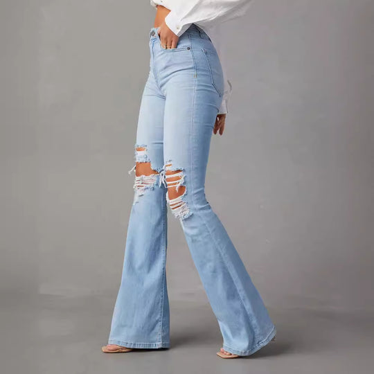 Damen Flared Jeans mit modischen Destroyed-Details und hohem Bund EB