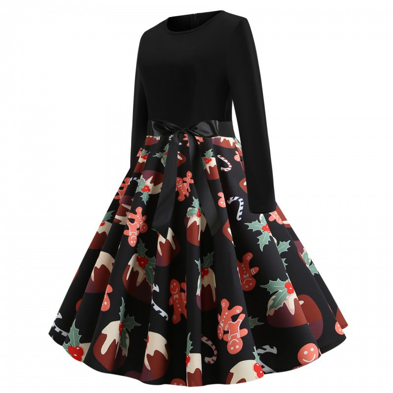 Damen Festliches Tellerkleid im Retro Stil mit langen Ärmeln tailliertem Oberteil und Satin‑Taillenschleife EB