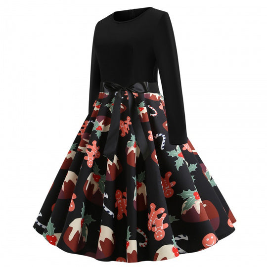 Damen Festliches Tellerkleid im Retro Stil mit langen Ärmeln tailliertem Oberteil und Satin‑Taillenschleife EB