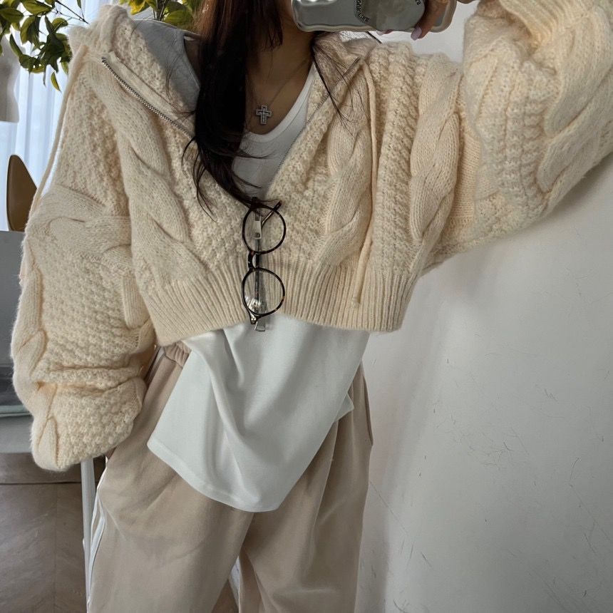Damen Kurzer Strickpullover mit Zopfmuster und Kapuze EB