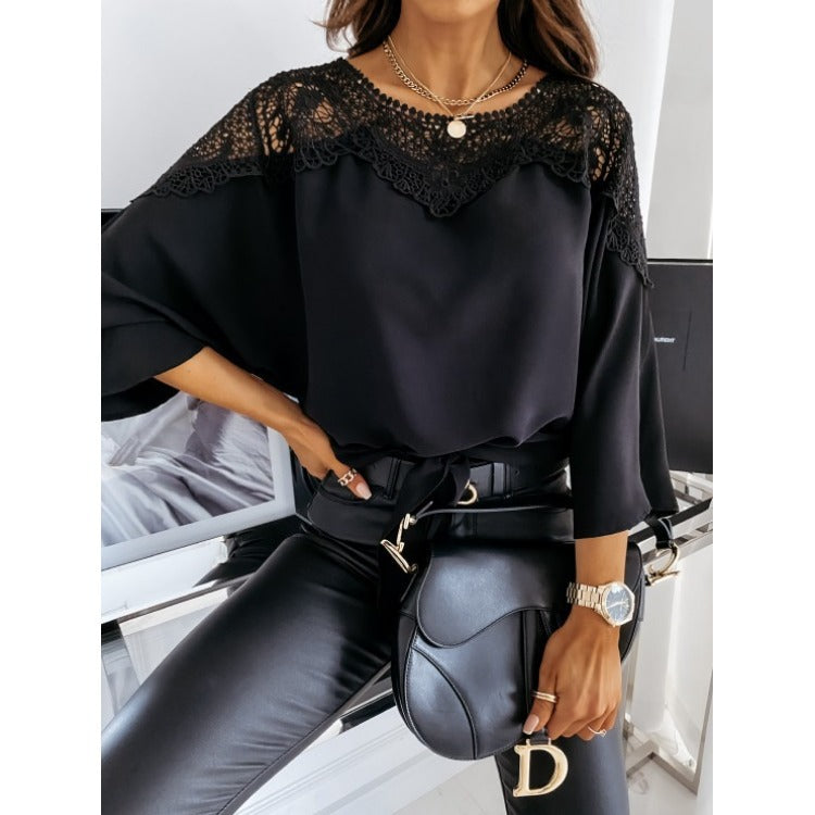Damen nan elegante Spitzenbluse mit Bindeschleife und überschnittenen Ärmeln EB