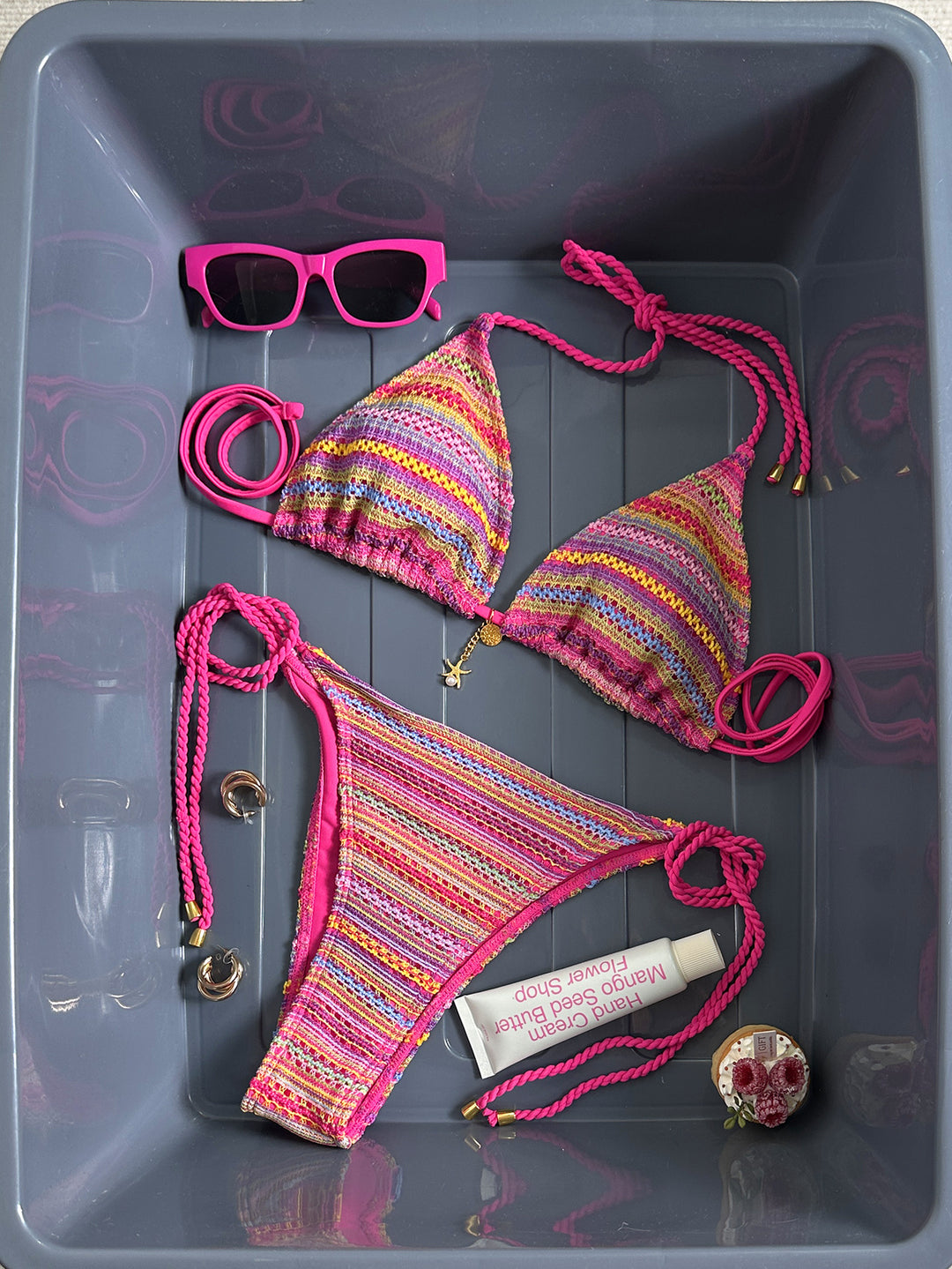 Damen Geflochtener Triangel-Bikini mit buntem Häkelmuster EB