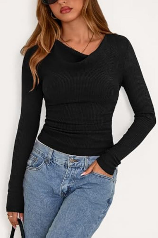 Damen Figurbetontes Feinripp-Longsleeve mit asymmetrischem Wasserfallkragen EB