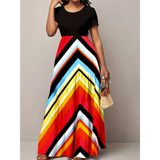 Damen Maxikleid mit modischem Zickzackmuster und kurzem Arm EB