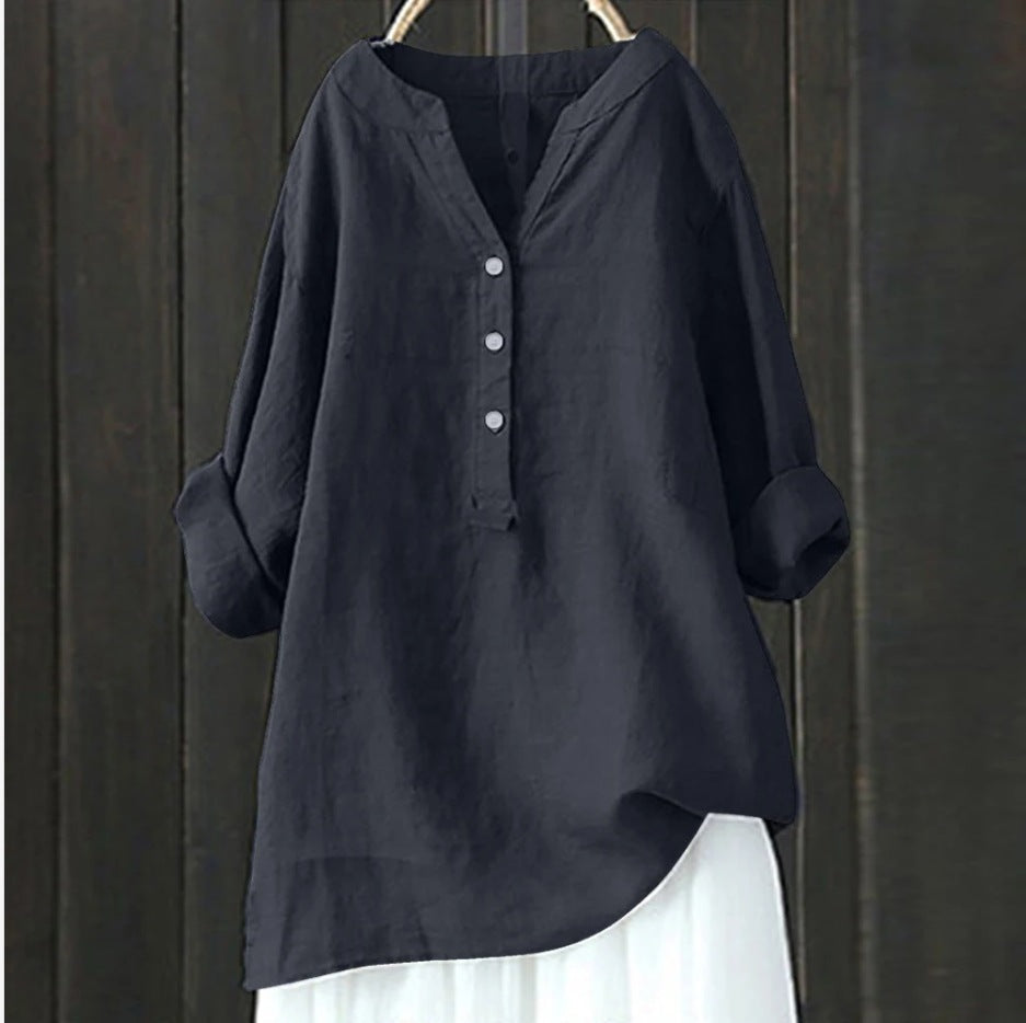 Damen Leinenbluse mit halbem Knopfverschluss und lässigem Schnitt EB