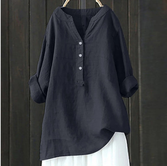Damen Leinenbluse mit halbem Knopfverschluss und lässigem Schnitt EB