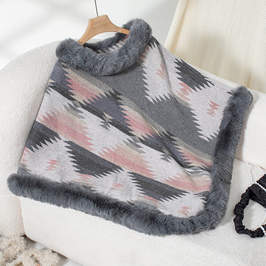 Damen Kuschelpullover mit hochwertigem Kunstfellbesatz und geometrischem Muster EB