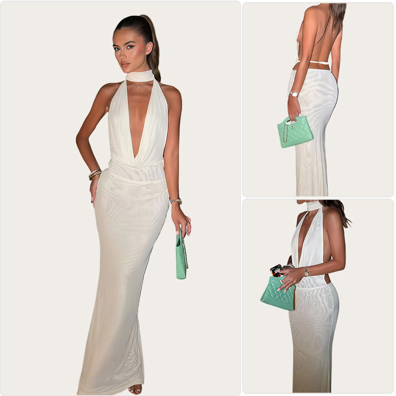Damen Elegantes Maxikleid mit tiefem Wasserfall-Ausschnitt und schmalem Schnitt EB