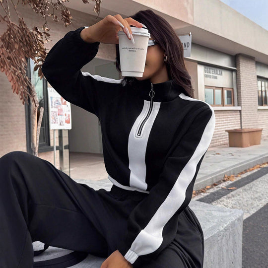 Damen kurzes Sweatshirt mit Halbreißverschluss und elastischer Bund Jogginghose Set Eichborn Berlin