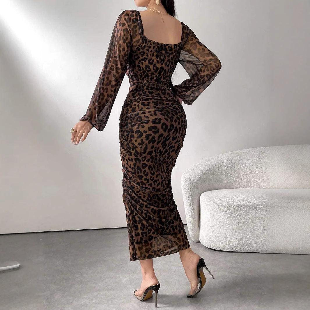 Damen elegantes Kleid mit Leopardenmuster und Puffärmeln EB