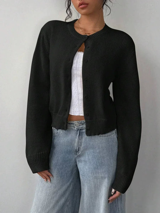 EB | Strickjacke Pullover Weiche Strickware Cropped Fit Knopf Front Rippensaum