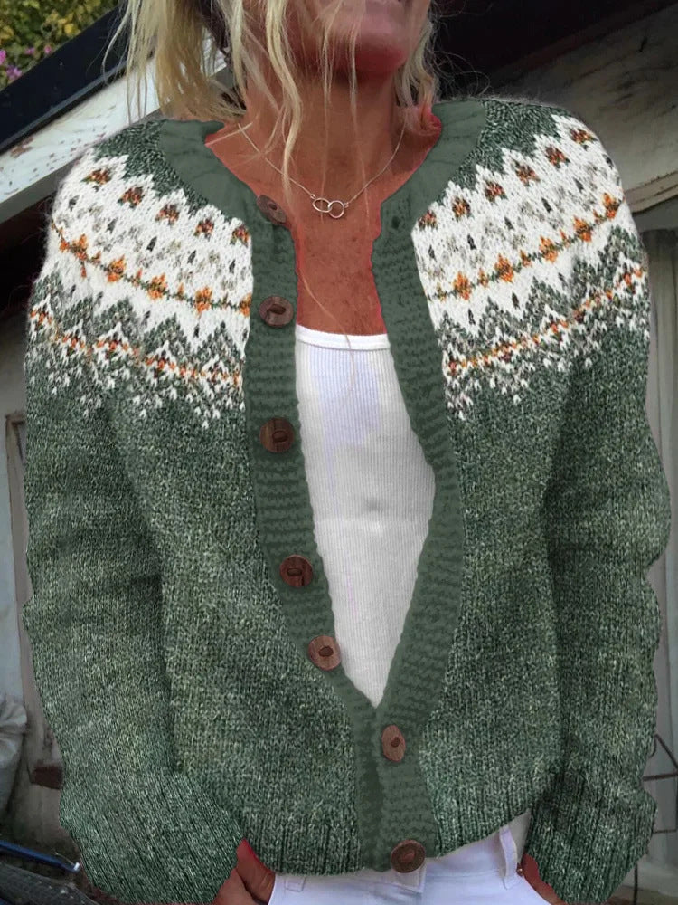 Damen nan gemusterte Strickjacke mit Rundpasse, Holzknöpfen und Eingrifftaschen EB