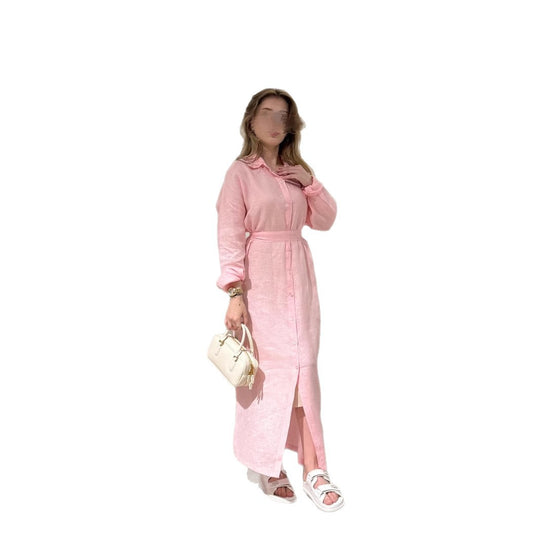 Damen Langarmhemdkleid mit Taillengürtel und Knopfleiste EB