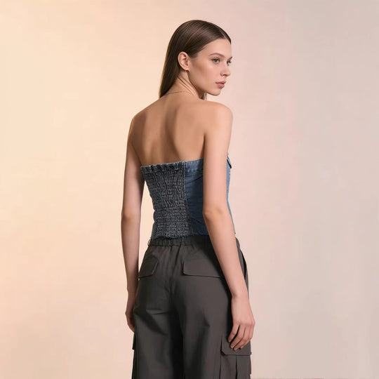 Damen Denim Bustier-Top mit Knopfdetail und Fransen EB