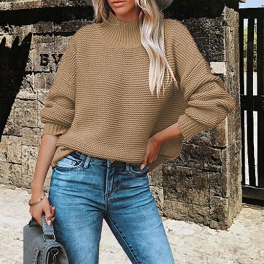 Damen Strickpullover mit hohem Kragen und raffiniertem Lochdesign EB