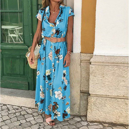 Damen Maxikleid mit Blumenmuster und elegantem Taillengürtel EB