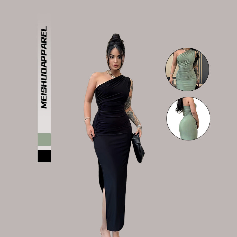 Damen Elegantes One-Shoulder-Maxikleid mit figurbetontem Schnitt und seitlichem Schlitz EB
