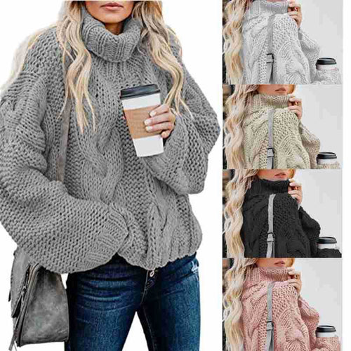 Damen Grobstrickpullover mit hohem Kragen und Zopfmuster EB