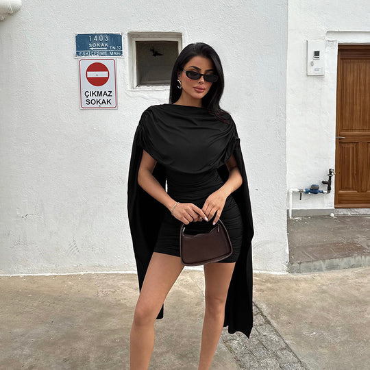 Damen modisches Minikleid mit schickem Überwurf und dezenter Raffung EB