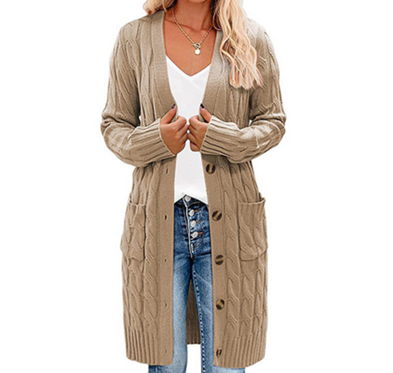 Damen Langer Strickcardigan mit Zopfdesign und praktischen Taschen EB