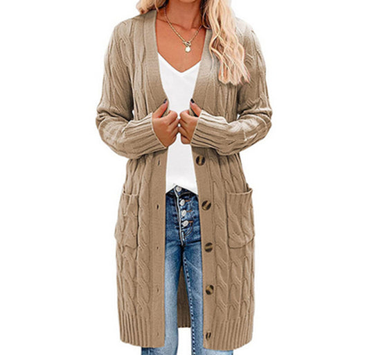 Damen Langer Strickcardigan mit Zopfdesign und praktischen Taschen EB