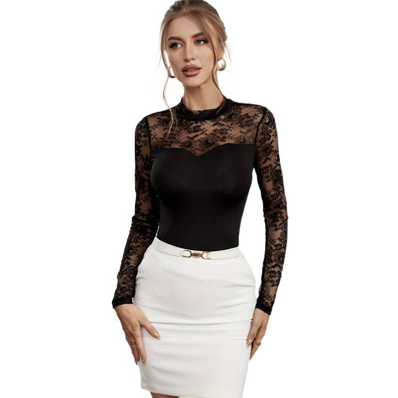 Damen Langarm-Spitzenoberteil mit raffiniertem Herz-Ausschnitt und transparenter Eleganz EB