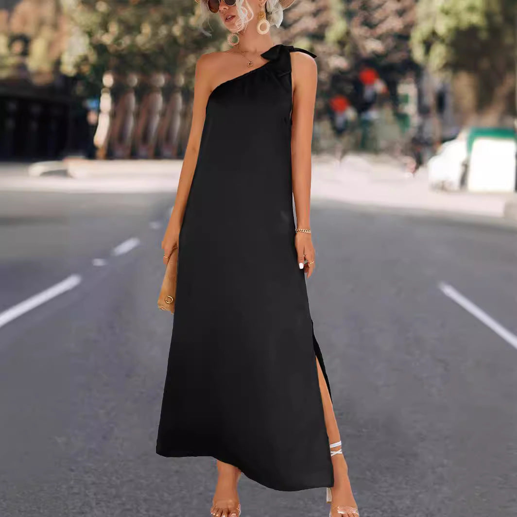Damen Maxikleid mit asymmetrischem Träger und Seitenschlitz EB